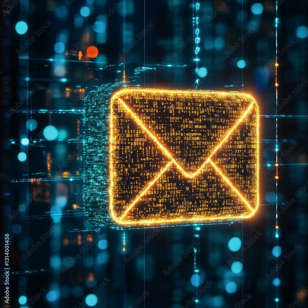 Poster this image features a glowing email symbol made of binary code, set against a futuristic digital bac