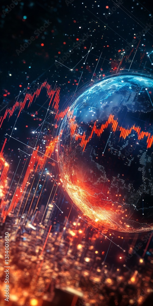 Poster a stunning digital representation of a globe surrounded by vibrant data visualizations. ideal for pr