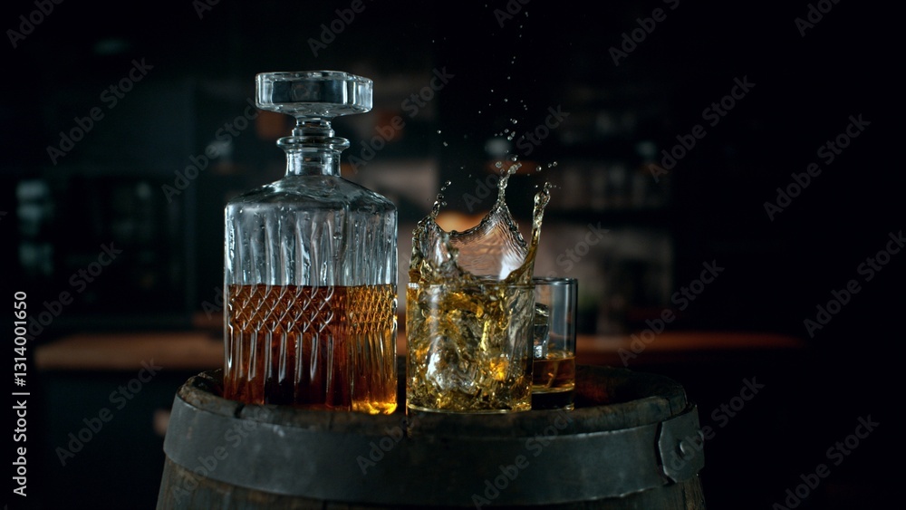 Poster detail of pouring ice cube into whiskey. freeze motion drink preparation.