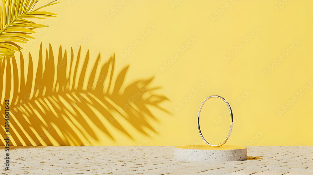 Poster empty gold ring display on terrazzo podium with tropical palm leaf shadow against yellow backdrop in