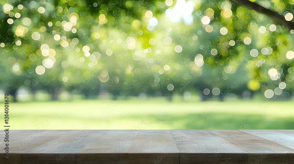 Poster empty wooden table with blurred green bokeh background and lush trees ideal for product placement or