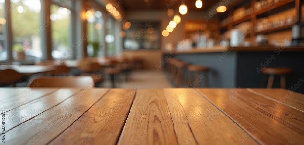 Poster Wooden table foreground with blurred cafe interior. The smooth surface invites array of products and designs. Bar, chairs, lights, bokeh, empty space. Background, template for restaurant advertising.
