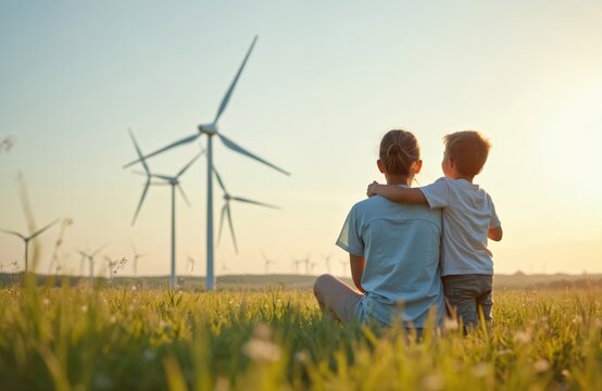 Woman embraces son looking at wind farm turbines sitting in meadow field. Green energy transition. Family time with kid outdoors. Sustainable future, nurture clean electricity generation, eco