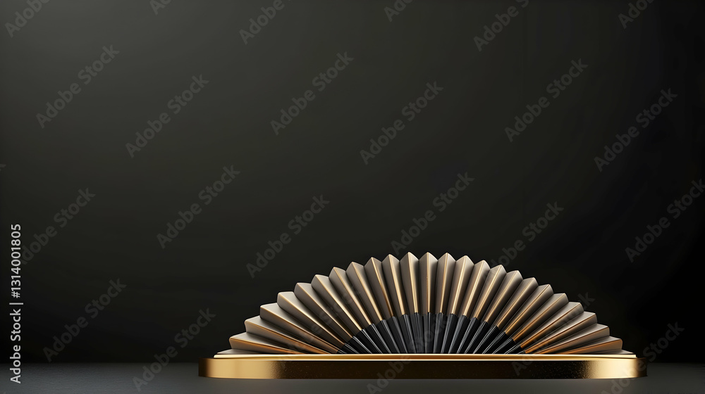 Poster 3d render of a luxurious gold and black minimalist podium on a dark background for product display w