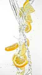 Fresh lemon slices falling in water splashes, isolated on white background.