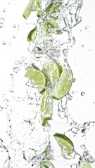 Fresh limes slices falling in water splashes, isolated on white background.