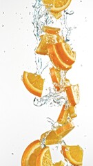 Fresh oranges slices falling in water splashes, isolated on white background.