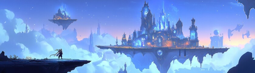 Naklejka premium A person gazes upon a magnificent city in the clouds