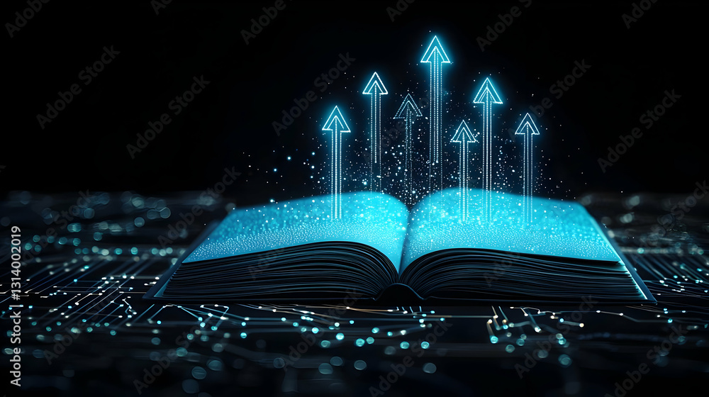 Poster glowing blue arrows emerging from open digital book on circuit board background symbolizing knowledg