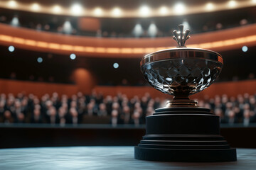 A prestigious trophy on stage in front of a blurred audience, symbolizing achievement and recognition in a grand ceremony.