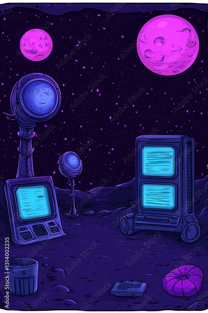 Poster Futuristic moon base with computers and monitors