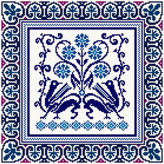 Square seamless Blossom Floral traditional pixel Geometric ethnic pattern design. Detailed Vector for pillowcase, rugs, carpet tile, embroidery, wallpaper, print, textile, mosaic, ceramic, patchwork.