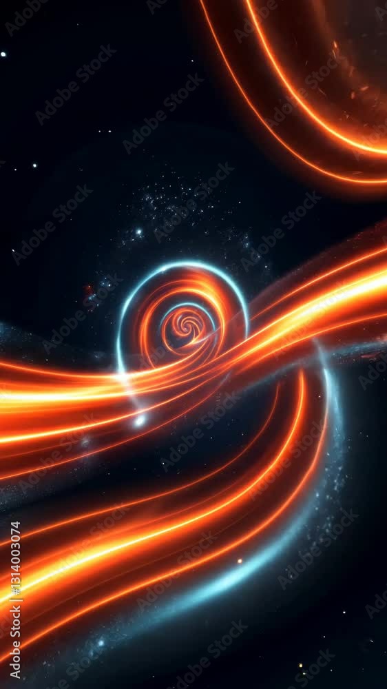 Poster a spiral of orange and blue light. there are also stars in the background. the spiral is in the cent