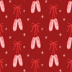 Seamless pattern of coquette ballet shoes with ribbon, bow, stars. Hanging pair of ballerina pointe shoes. Ballet slippers for classic elegant dance. Flat vector illustration on red background