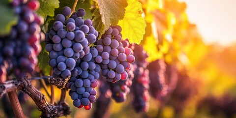 Ripe grapes hanging on the vine, ready for harvest and fermentation in a sunlit vineyard.