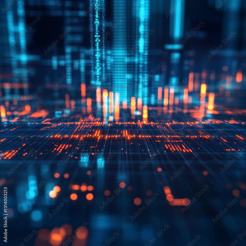 Poster futuristic abstract digital data visualization with glowing blue and orange elements in cyberspace
