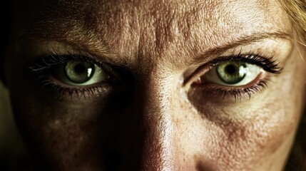 Naklejka premium Close-up of intense green eyes, woman's face, dramatic lighting.