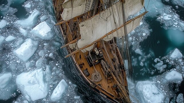 Whaling ship navigating icy waters, harpoons and ropes secured to the deck