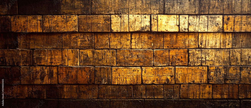 Poster aged wooden wall with a golden rustic texture featuring deep grain and worn edges creating a warm an