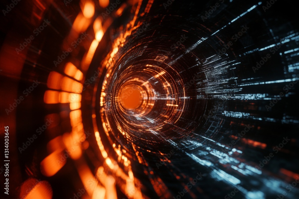 Poster futuristic abstract digital tunnel with glowing neon lights in motion creating dynamic atmosphere