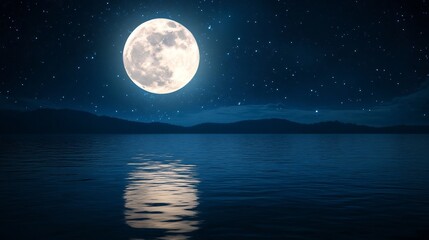 Full moon rising over lake with shimmering reflection