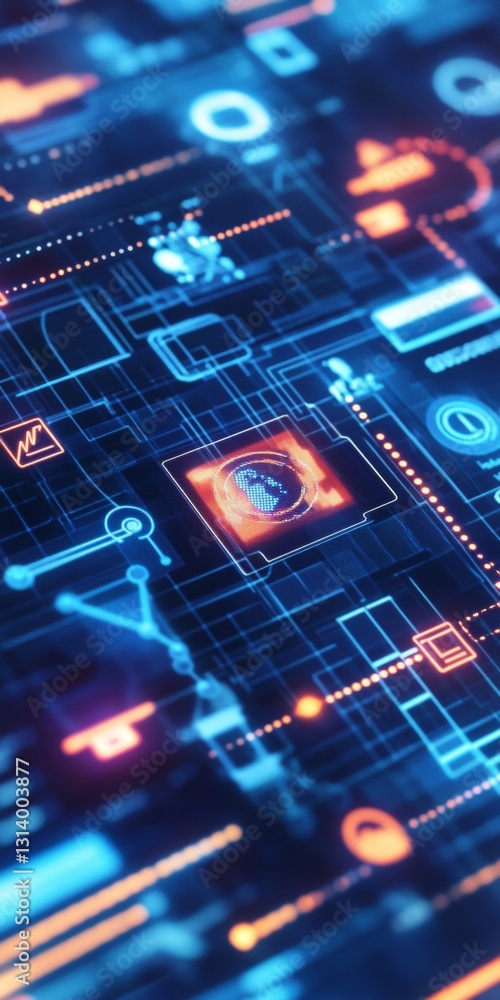 Poster futuristic digital circuit board design with glowing neon patterns and abstract elements