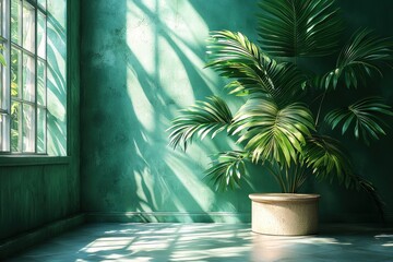 Obraz premium Indoor Palm plant shines in green room with dappled light near window