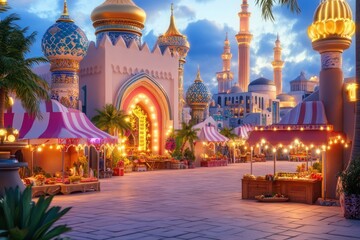 Obraz premium Vibrant Market Stalls Under Warm Evening Light