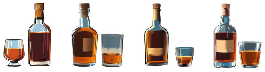 whiskey bottles and glasses on white background