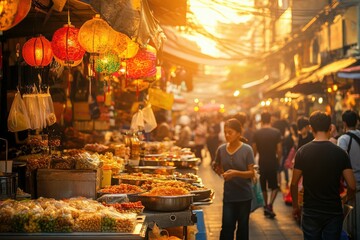 Vibrant Street Market at Sunset with Lively Crowds