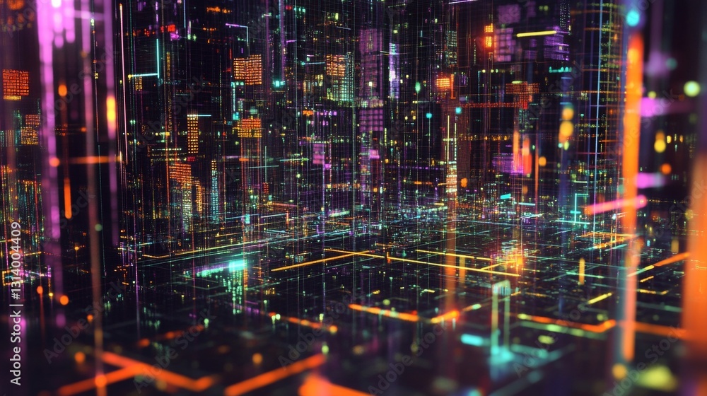 Poster futuristic digital abstract visualization with colorful neon lights and patterns in 3d space