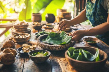 Woman Preparing Traditional Kuih on Wooden Table