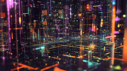 Fototapeta premium Futuristic Digital Abstract Visualization with Colorful Neon Lights and Patterns in 3D Space