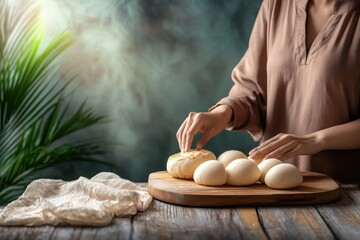Woman Preparing Traditional Kuih on Wooden Table