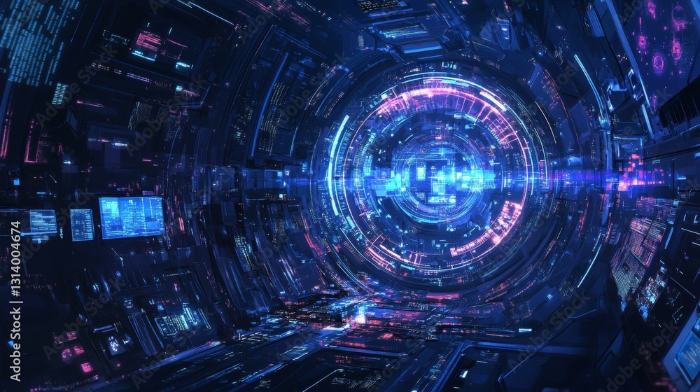 Poster futuristic abstract digital visualization with neon lights in a hyperspace environment