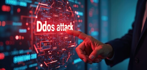 Close up of man finger touching digital screen with DDoS attack alert. Holographic interface, cybersecurity threat, network protection. Cybercrime, online security measures, digital defense.