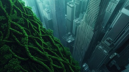 Green Jungle Overlapping Urban Skyscrapers Creating Unique Contrast