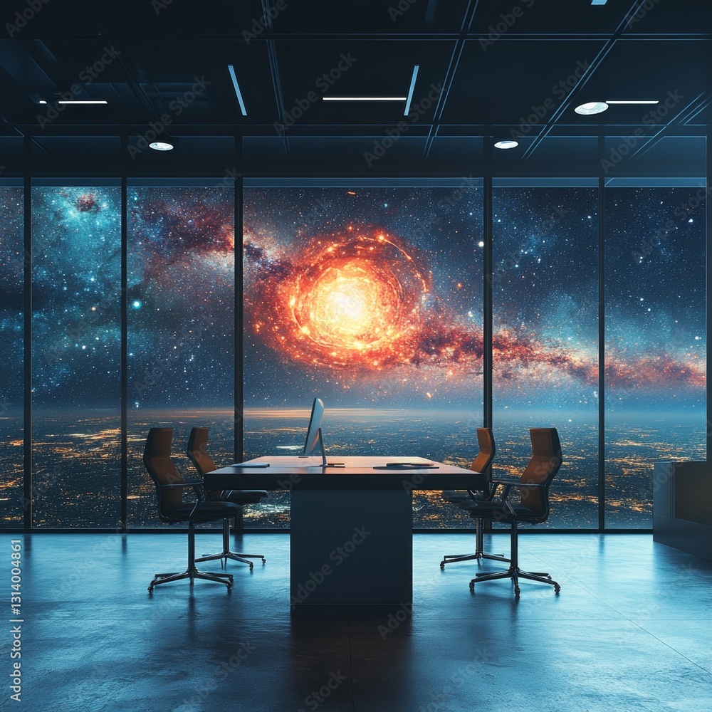 Aufkleber futuristic office space with galaxy window view and modern design elements in urban setting