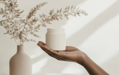 Hand Holding Speckled Cream Jar Against Bright Background with Dried Plants