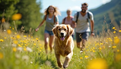 Happy family with golden retriever dog running in nature at meadow. Parents with child enjoy hiking. Travel, vacation, camping, active lifestyle, happy childhood. Family bonding with pet outdoors.