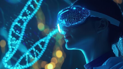 Future of Genetic Research Woman wearing futuristic VR glasses exploring DNA helix in virtual reality a glimpse into advanced genetic engineering