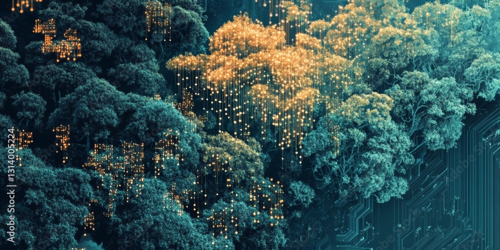 Poster luminous forest with ethereal glow from trees and falling lights in mystical night setting