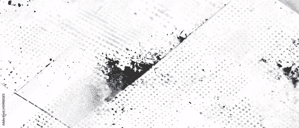 Poster black and white abstract grunge texture with halftone effects and scattered ink splatter forming a r