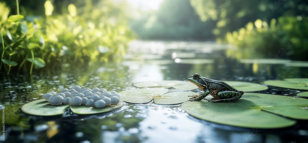 Poster frog and eggs on lily pads in a serene pond with lush background