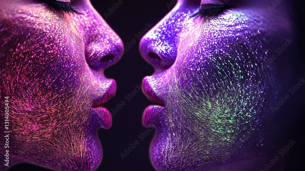 Poster two faces illuminated in vibrant colors, showcasing artistic expression and connection in a creative