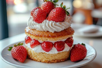 Strawberry Shortcake Cut Strawberries, Whipped Cream Dessert on Plate, Table, Indoors