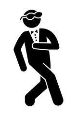 Stickman walking happily wearing a suit and sunglasses. Cartoon stick figure illustration. party attire.