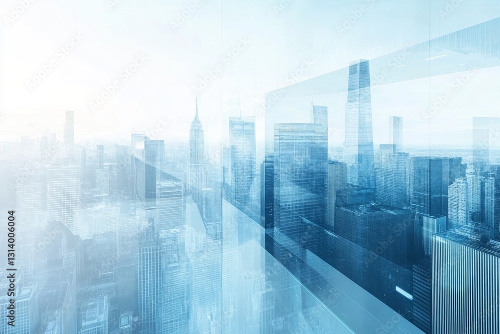 Poster abstract blue cityscape with skyscrapers and modern architecture in hazy urban environment