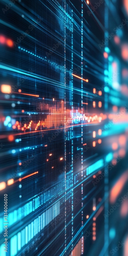 Poster abstract digital data visualization with flowing lines and vibrant neon colors in high-tech environm