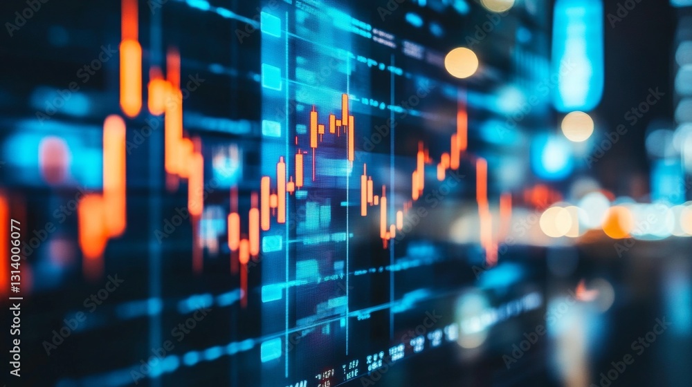 Poster stock market data analysis with dynamic graphs and trading signals displayed in a digital environmen